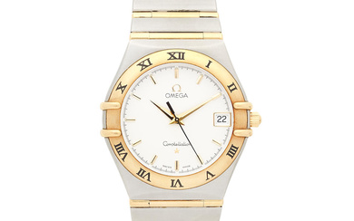 Omega. A stainless steel and gold quartz calendar bracelet watch...