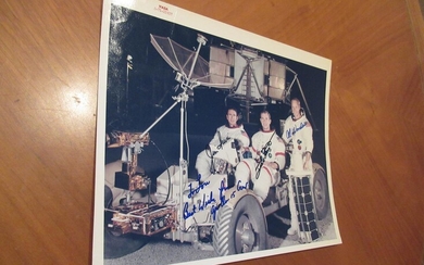Original Nasa Color Photograph Inscribed By Apollo 15 Astronauts David R. Scott, Alfred M. Worden, And James "Jim" Irwin In Space Suits In The Moon Rover