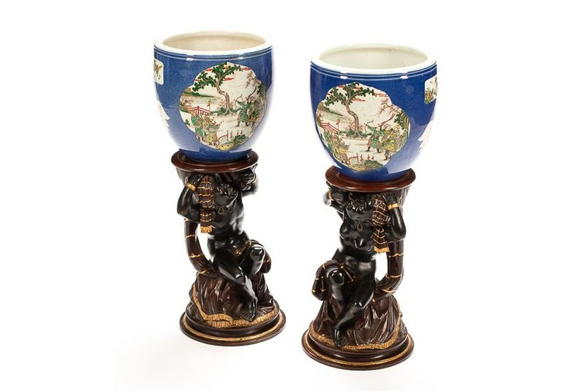 PAIR OF CHINESE POLYCHROME PORCELAIN PLANTERS
