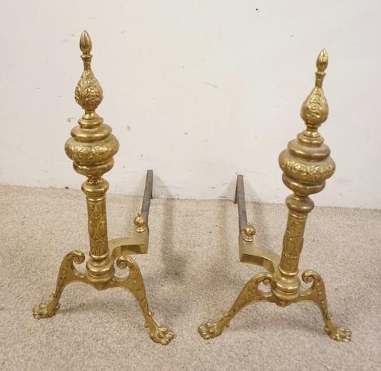 PAIR OF QUALITY CLAW FOOT BRASS ANDIRONS