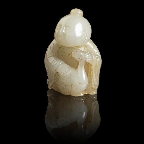 PALE CELADON WITH YELLOW SKIN JADE CARVING OF A BOY AND