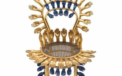 PEDRO FRIEDEBERG, CENTIPEDE CHAIRGILT, Firmada, Escultura en madera policromada, hoja de oro y mimbre, 104 x 70 x 75 cm, Certificada