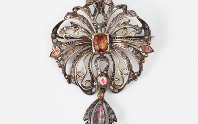 PENDANT/BROOCH, silver and gold details, small diamonds with rose cut, foiled various coloured stones possibly topaz, unidentified foreign stamps, 19th century.