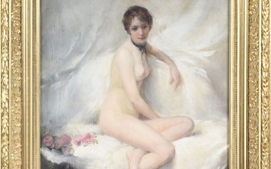 PENOT Albert Joseph (1862-1930) "Elégante aux mules roses" Huile sur toile signée en bas à...