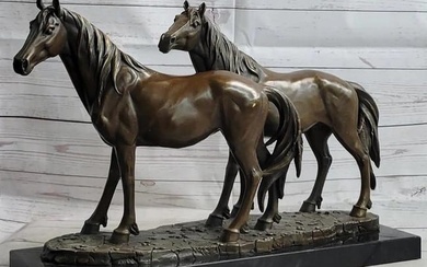 PJ Mene Inspired Equestrian Bronze Sculpture - Two Horses 'Mare and Foal' on Marble Base - 14" x 20"