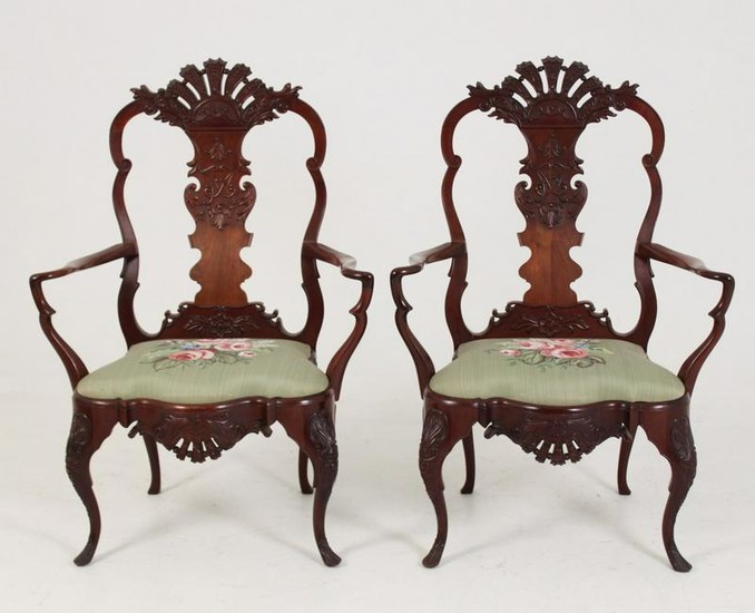 PR OF 19TH C. CARVED MAHOGANY PORTUGUESE ARMCHAIRS