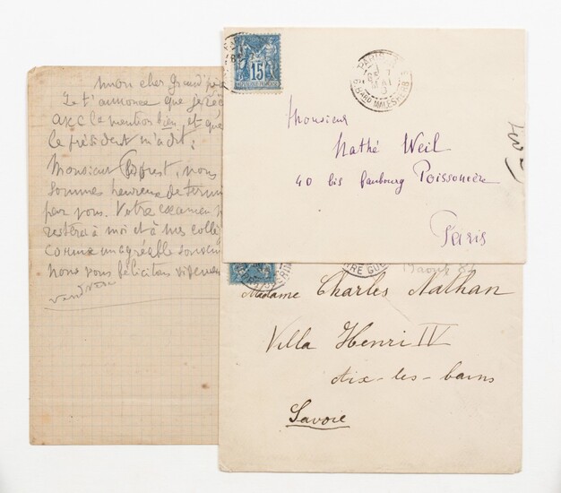 PROUST. Lettre à son grand-père Nathé Weil (1888), sur ses résultats scolaire. Joint : 2 enveloppes autographes