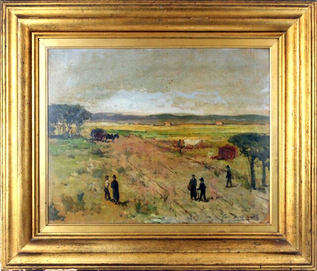 Paesaggio rurale con contadini e viandanti, olio su tavola, cm 39x49, entro cornice, Giovanni Bartolena (Livorno, 1866 - Livorno, 1942)
