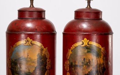 Pair English tole peinte tea canister lamps