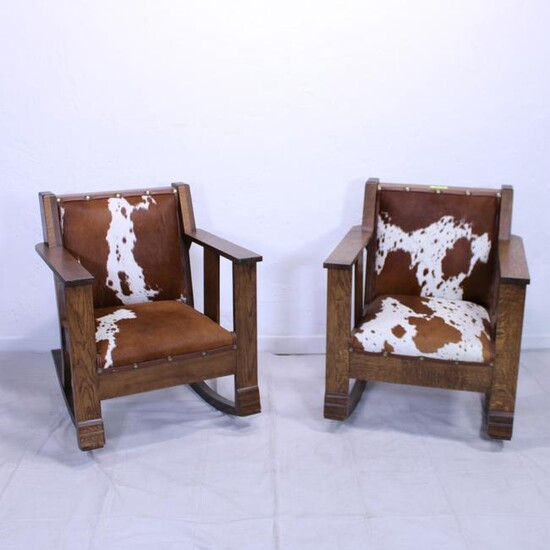 Pair Hide Upholstered Oak Rocking Chairs