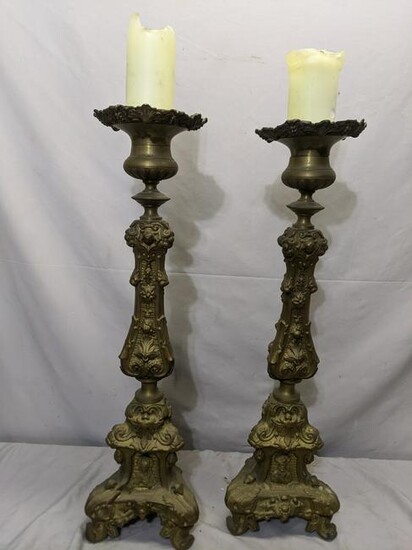 Pair Ornate Cathedral Brass Floor Standing Candle