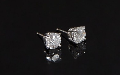 Pair of 18K White Gold Diamond Stud Earrings, Total Diamond Wt.- 2 cts., with appraisal. (2 Pcs.)
