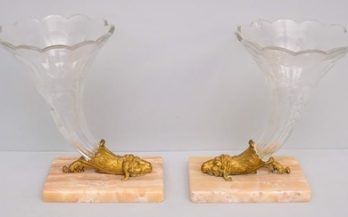 Pair of Antique Bronze Mounted Cornucopia Vases