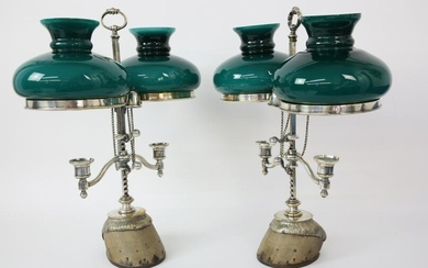 Pair of British Emeralite-Shade Silver Plated Candelabra, last Quarter of the 19th Century