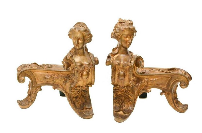 Pair of Continental Gilt Bronze Chenets Figural Women