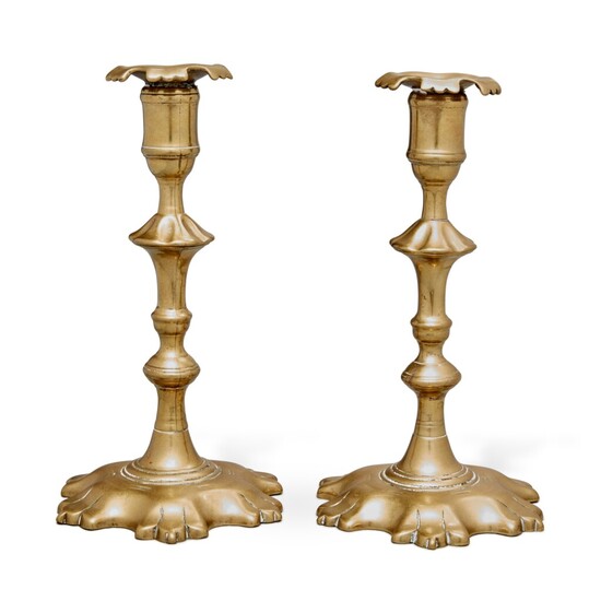 Pair of English Cast-Brass Petal-Base Candlesticks, Circa 1775