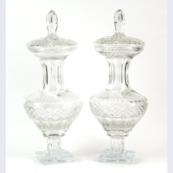 Pair of Large Baccarat Style Covered Urns.