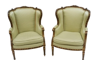 Pair of Louis XVI Style Piqué Upholstered Gilt Gesso Bergère à Oreilles, French, Circa 1900