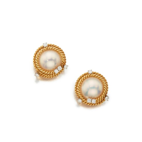 Pair of Mabé Pearl and Diamond Earclips, Schlumberger for Tiffany & Co.