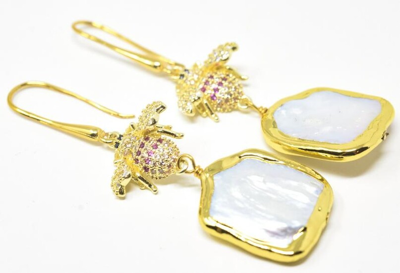 Pair of Pave Set Bee Motif Baroque Pearl Earrings