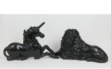 Pair of Victorian lion and unicorn cast iron boot scrapes, m...