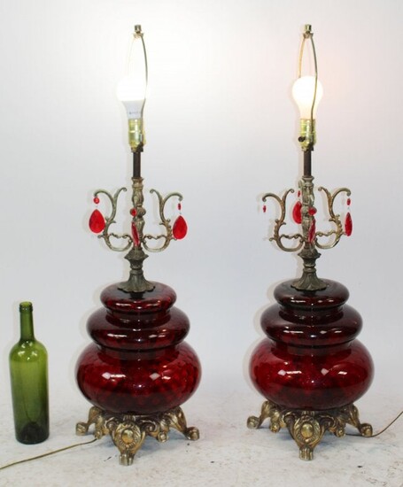 Pair of Vintage American cranberry glass lamps
