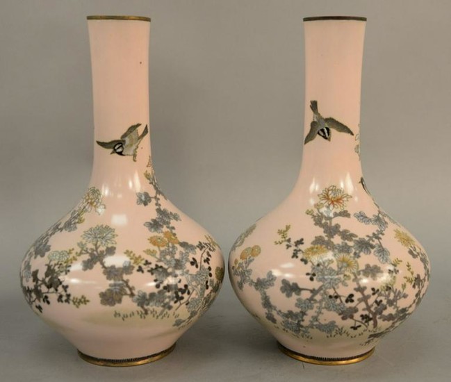 Pair of pink cloisonne enamel bottle vases, Japan