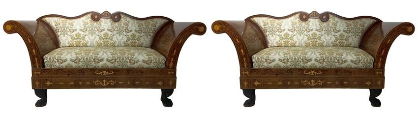 Pair of two-seater sofas in inlaid mahogany, side