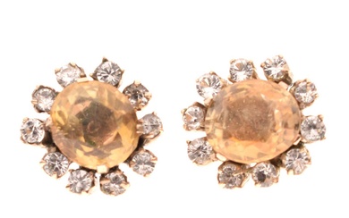Pair of unmarked yellow metal, citrine and white stone cluster earrings