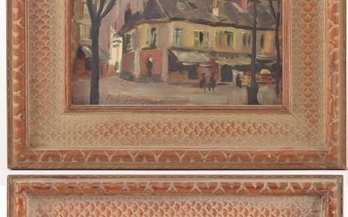 Philip Sawyer. America/France. 2 Impressionist street scene paintings. 1 of a cafe scene. Both in