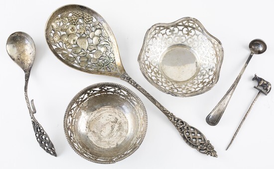 Pierced silver fruit spoon with relief fruit decoration, pierced silver...