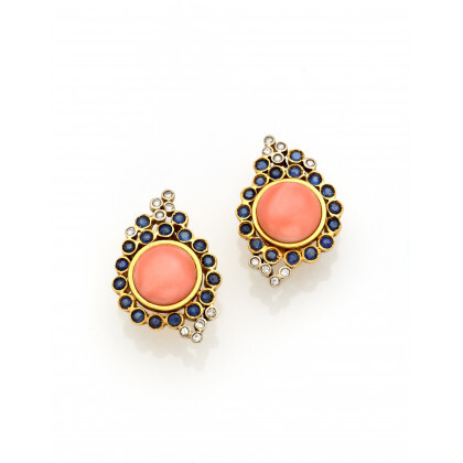 Pink coral, diamond and sapphire yellow gold earclips, g 21.02 circa, length cm 3.20 circa. This lot may be subject...