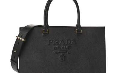 Prada Saffiano Lux Logo Embossed Large Handbag Black