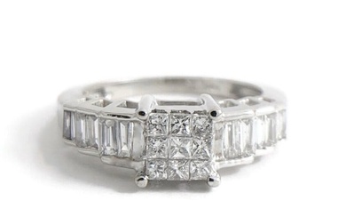 Princess Baguette Invisible Set Diamond Engagement Ring 14K White Gold, 3.24 Gr