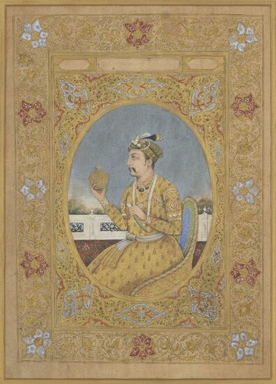 Property from an Important Private Collection A portrait of the Emperor Akhbar, Delhi, India, circa 1840, opaque pigments and gilt on paper, depicted within an oval, seated on a terrace, facing left and holding a sphere, within an elaborate frame...