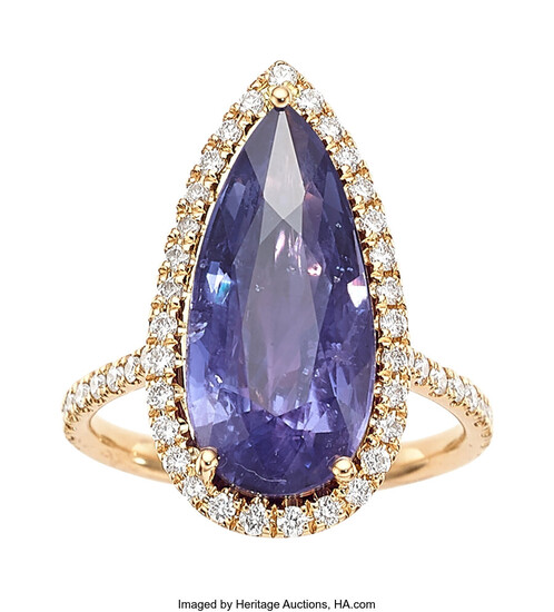 Purple Sapphire, Diamond, Rose Gold Ring Stones: Pear-shaped purple...