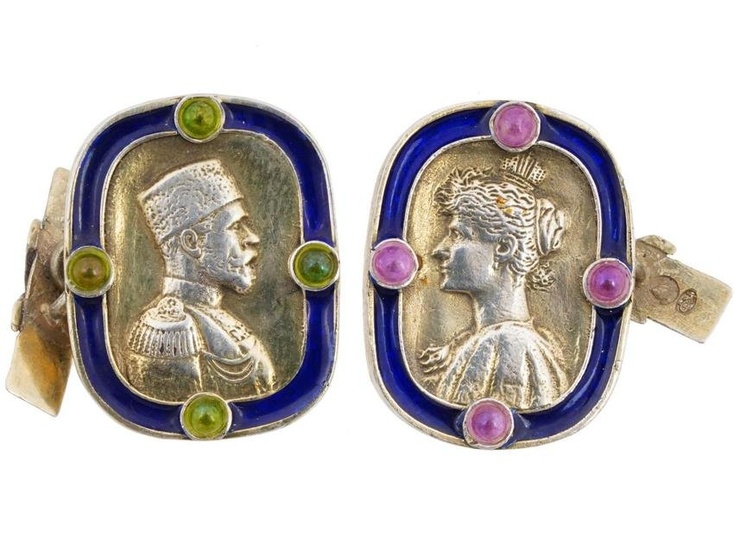 RUSSIAN SILVER ENAMEL CUFFLINKS WITH ROYAL FAMILY