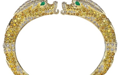 Rare Cartier Paris Chimera Vintage Yellow White Diamond Emerald Hinged Bracelet