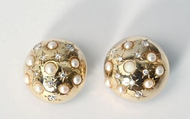 Retro Gold Earrings with Pearls and Diamonds