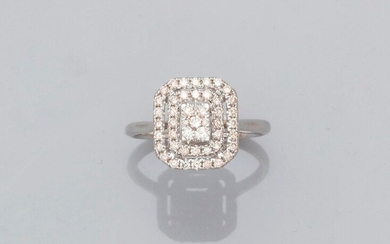 Ring forming a square plate with cut sides in white gold, 750 MM, openwork, covered with diamonds, size : 54, weight : 3gr. rough.