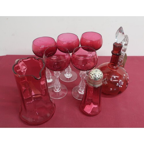 Ruby glass mallet shaped decanter, the body painted with flo...