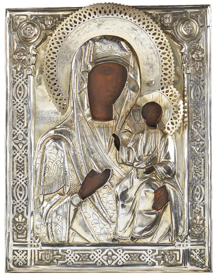 Russian art, late 19th century. Icon on panel depicting Madonna Odigitria. Russian marks (cm 23x18) (defects)