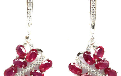 SILVER, RUBY AND WHITE STONE DROP EARRINGS.