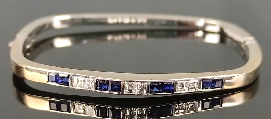Sapphire diamond bracelet, pin lock with safety clasp, 750/18K white gold, 13.8g, 4.4x5.1cm (inner