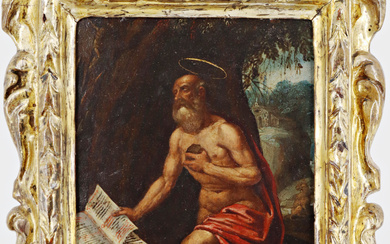 Scuola del secolo XVII "San Girolamo penitente" olio su rame (cm 22x17) in cornice antica in legno intagliato e…