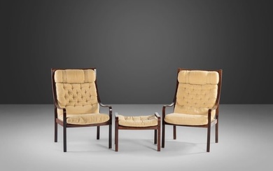 Set of Two (2) Bentwood Lounge Chairs w/ Ottoman in Rosewood & Original Fabric by Fredrik A. Kayser