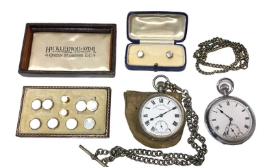 Set of dress studs, two pocket watches and two chains