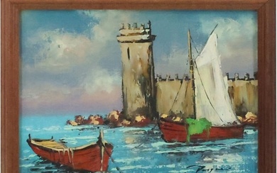 Signed Vargas, 20th C. Mid-Century Modern Seascape Oil on Canvas Painting with Boat, Castle
