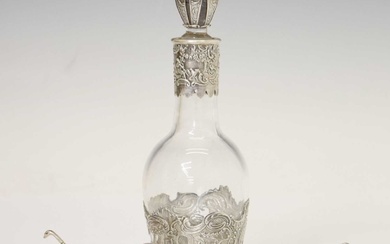 Silver-mounted continental bottle, together with a pair of salts in the form of swans