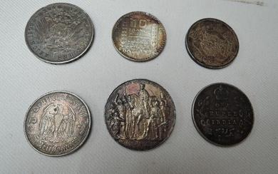 Six World Silver Coins, India Edward VII 1910 One Rupee, German Deutsches Reich 1909 & 1913 Three